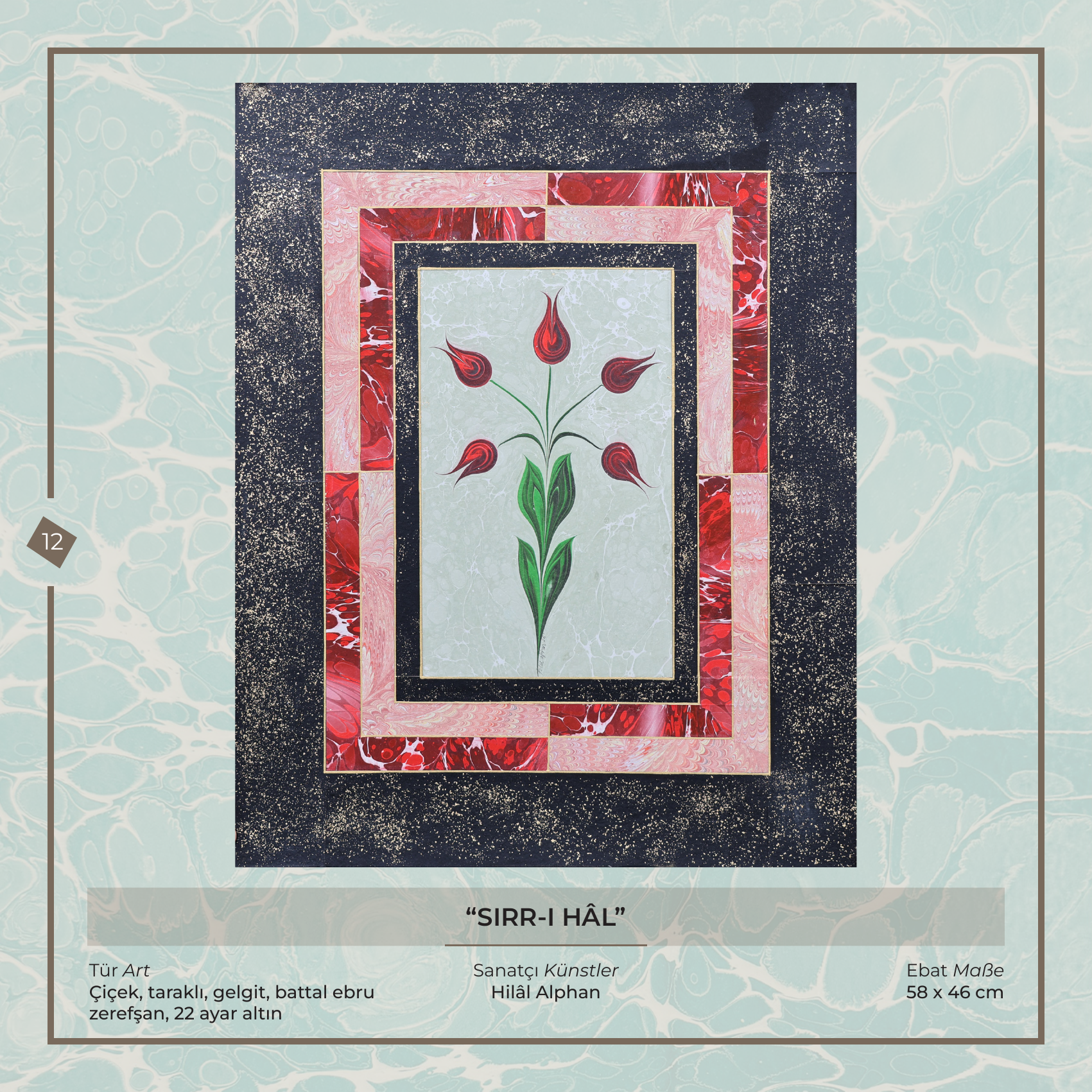 Das Geheimnis des Zustands - Hilâl Alphan - Ebru Kunstwerk, Blumen-, Kamm-, Gezeiten- und Battal-Ebru Zerefşan, 22 Karat Gold, 58 × 46 cm