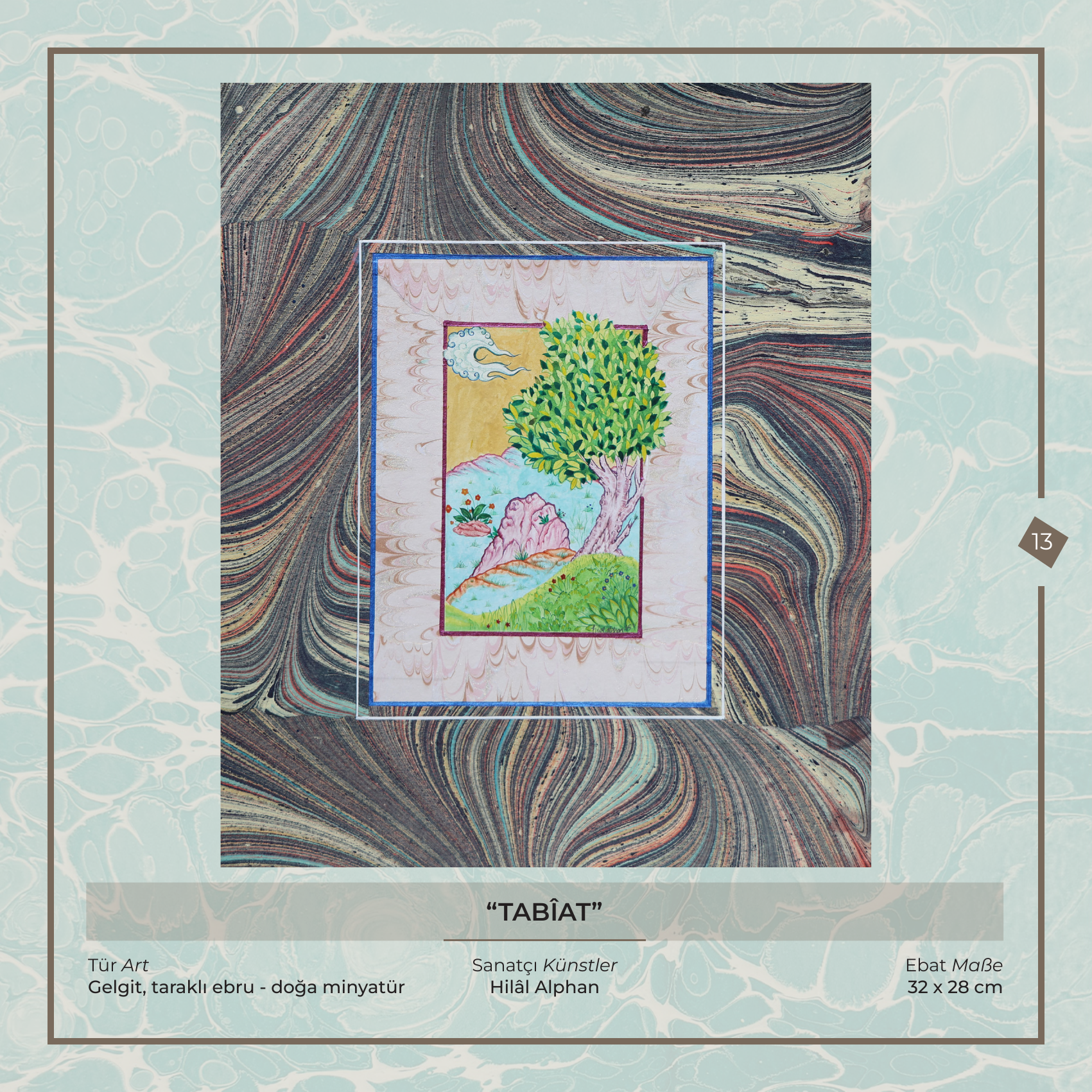 Die Natur - Hilâl Alphan - Ebru Kunstwerk, Gezeiten- und Kamm-Ebru - Natur-Miniatur, 32 × 28 cm