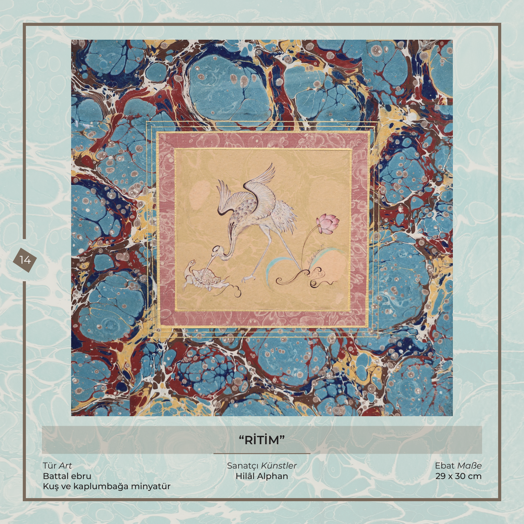 Ritim - Hilâl Alphan - Ebru sanatı eseri, Battal ebru - kuş ve kaplumbağa minyatür, 29 × 30 cm