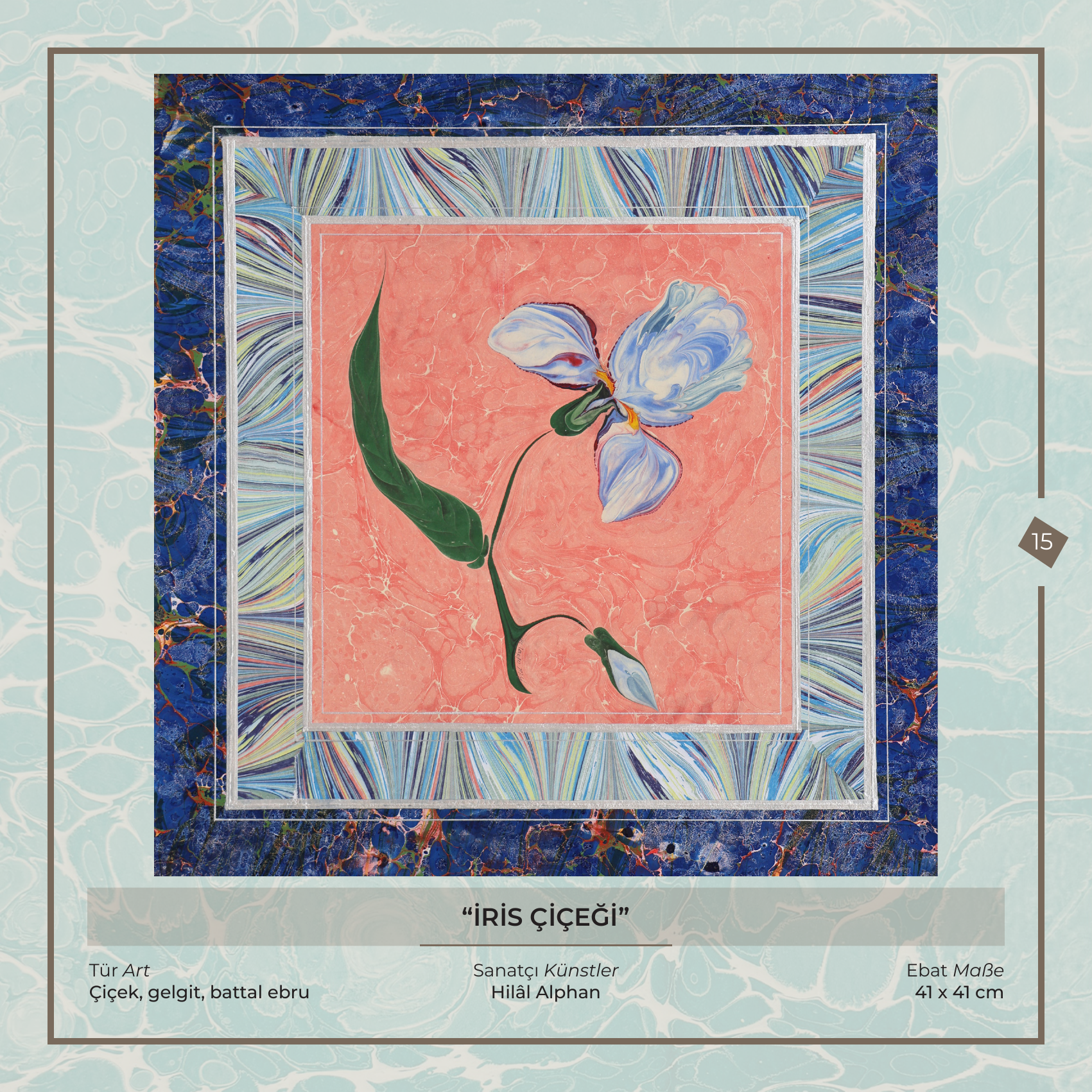Die Iris Blume - Hilâl Alphan - Ebru Kunstwerk, Blumen-, Gezeiten- und Battal-Ebru, 41 × 41 cm