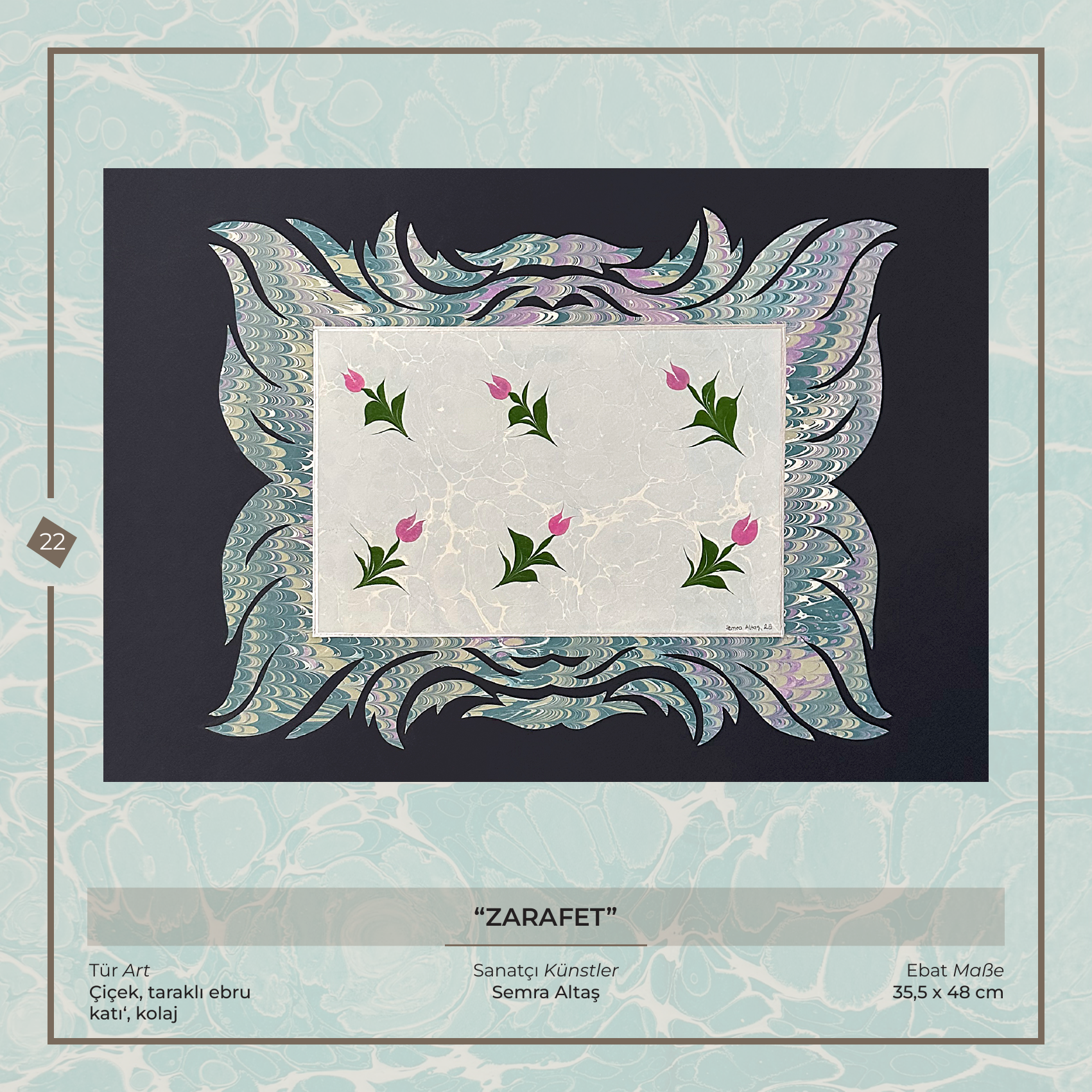 Die Elegnaz - Semra Altaş - Ebru Kunstwerk, Blumen- und Kamm-Ebru - Katı', Collage, 35,5 × 48 cm