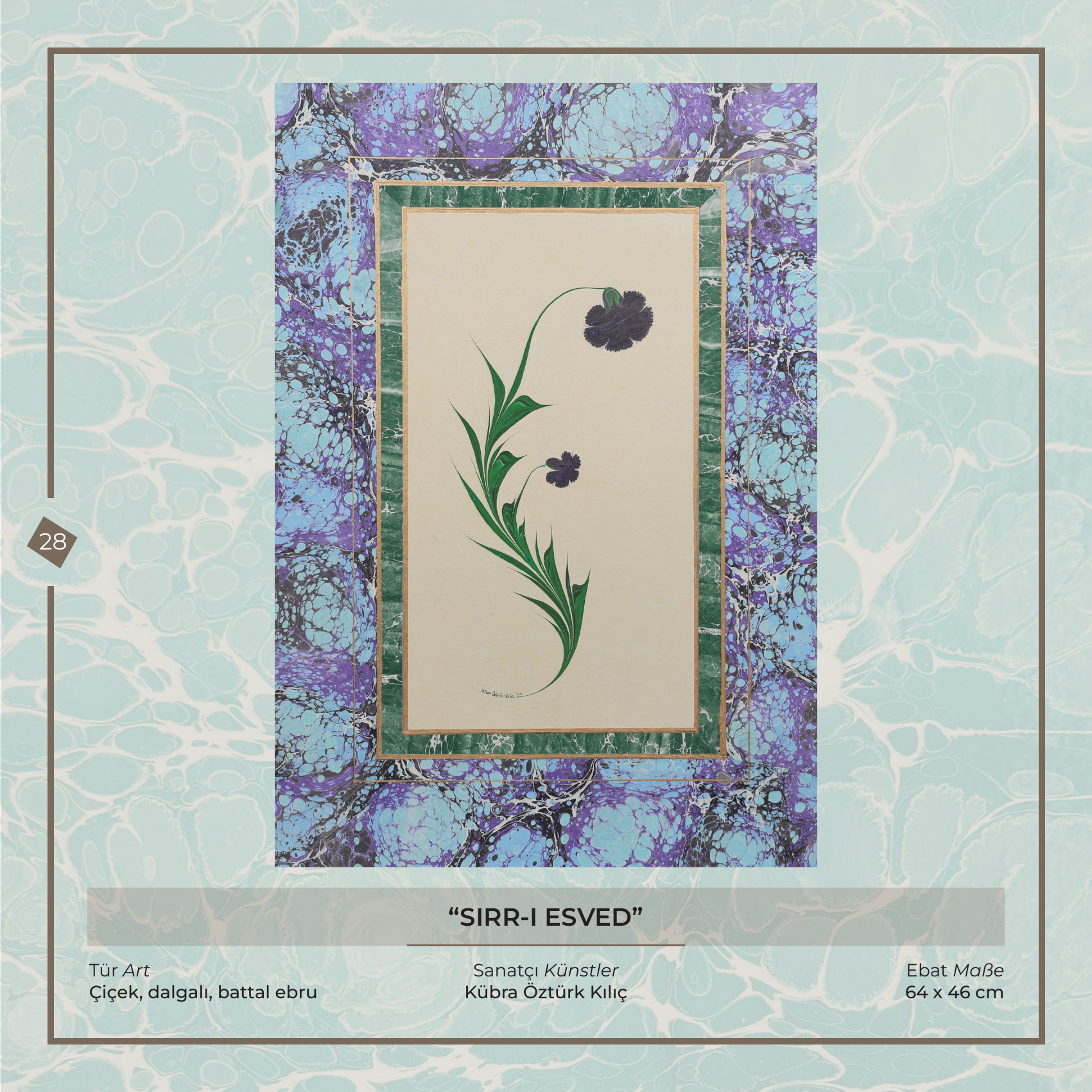 Sırr-ı Esved - Kübra Öztürk Kılıç - Ebru Kunstwerk, Blumen-, wellenförmiges und Battal-Ebru, 64 × 46 cm