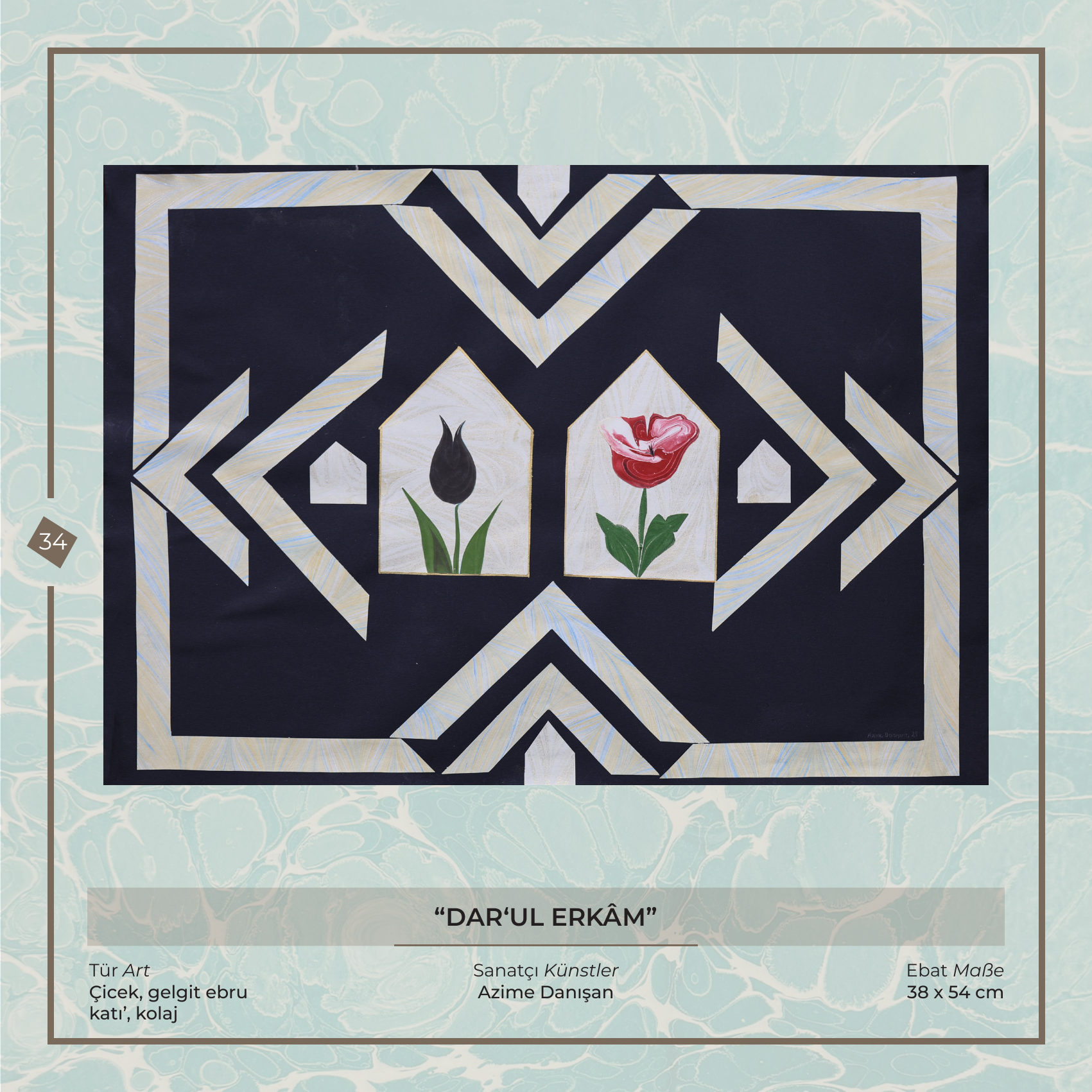 Darü’l-Erkam - Azime Danışan - Ebru Kunstwerk, Blumen- und Gezeiten-Ebru - Katı', Collage, 38 × 54 cm