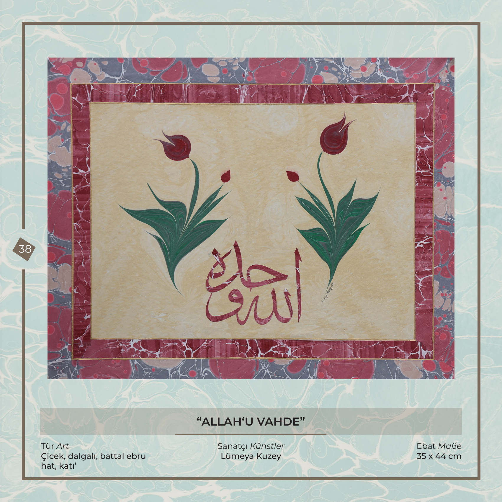 Allah'u Vahde - Lümeya Kuzey - Ebru Kunstwerk, Blumen-, wellenförmiges und Battal-Ebru - Kalligrafie, Katı', 35 × 44 cm