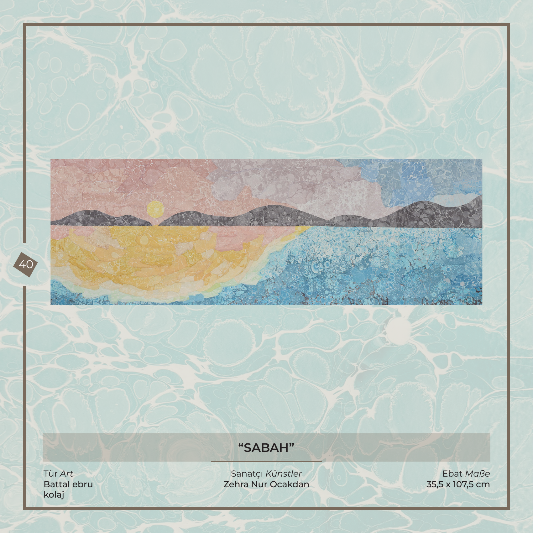 Sabah - Zehra Nur Ocakdan - Ebru sanatı eseri, Battal ebru - kolaj, 35,5 × 107,5 cm