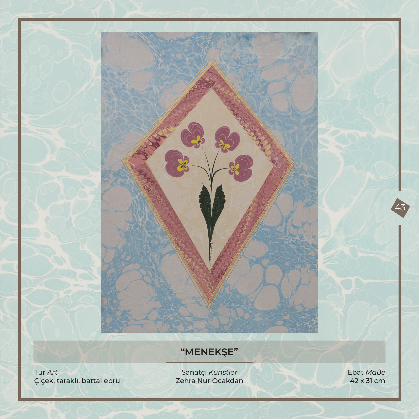 Menekşe - Zehra Nur Ocakdan - Ebru sanatı eseri, Çiçek, taraklı, battal ebru, 42 × 31 cm