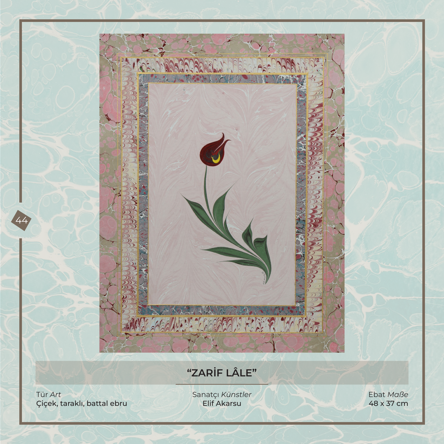 Die zarte Tulpe - Elif Akarsu - Ebru Kunstwerk, Blumen-, Kamm- und Battal-Ebru, 48 × 37 cm