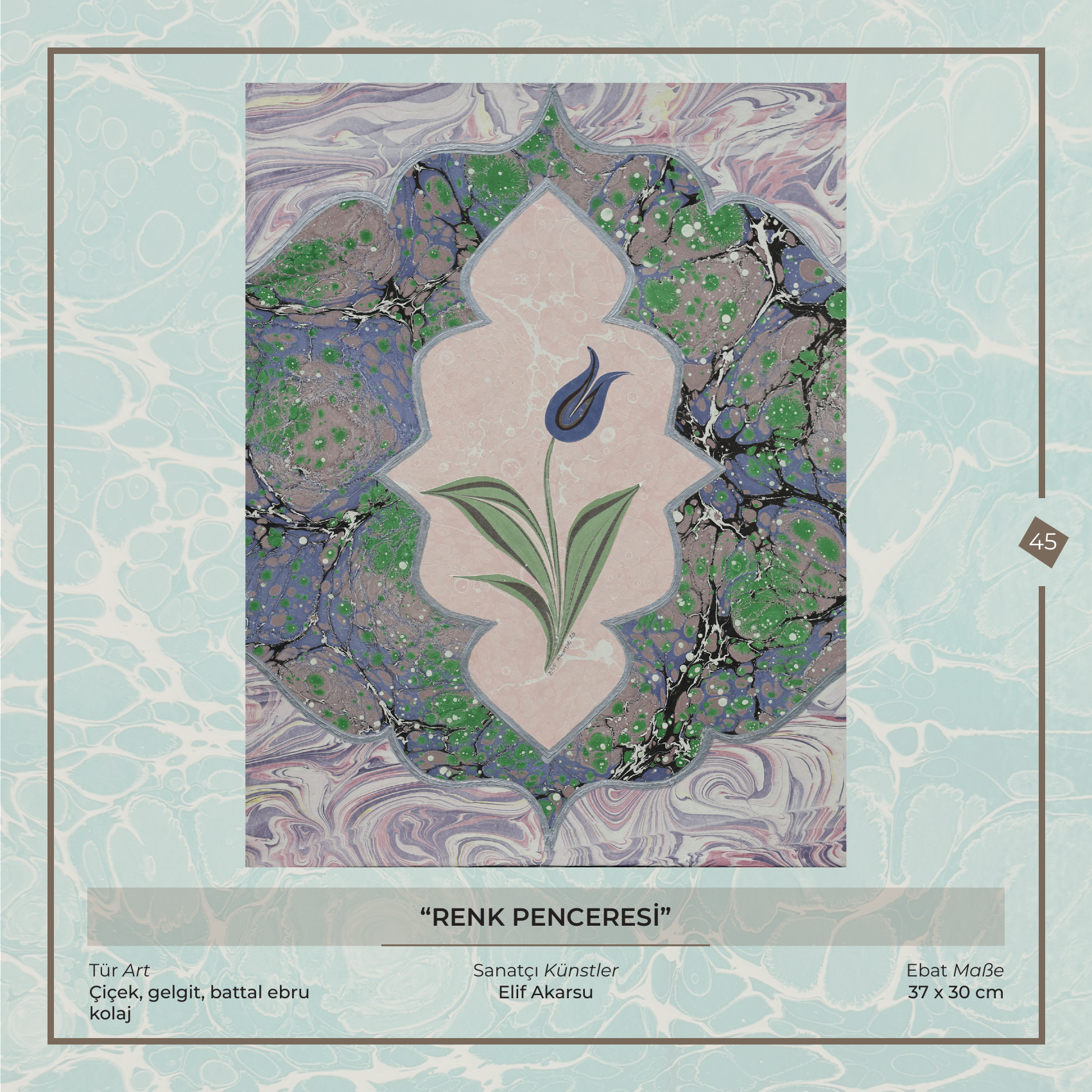 Das Fenster der Farben - Elif Akarsu - Ebru Kunstwerk, Blumen-, Gezeiten- und Battal-Ebru - Collage, 37 × 30 cm