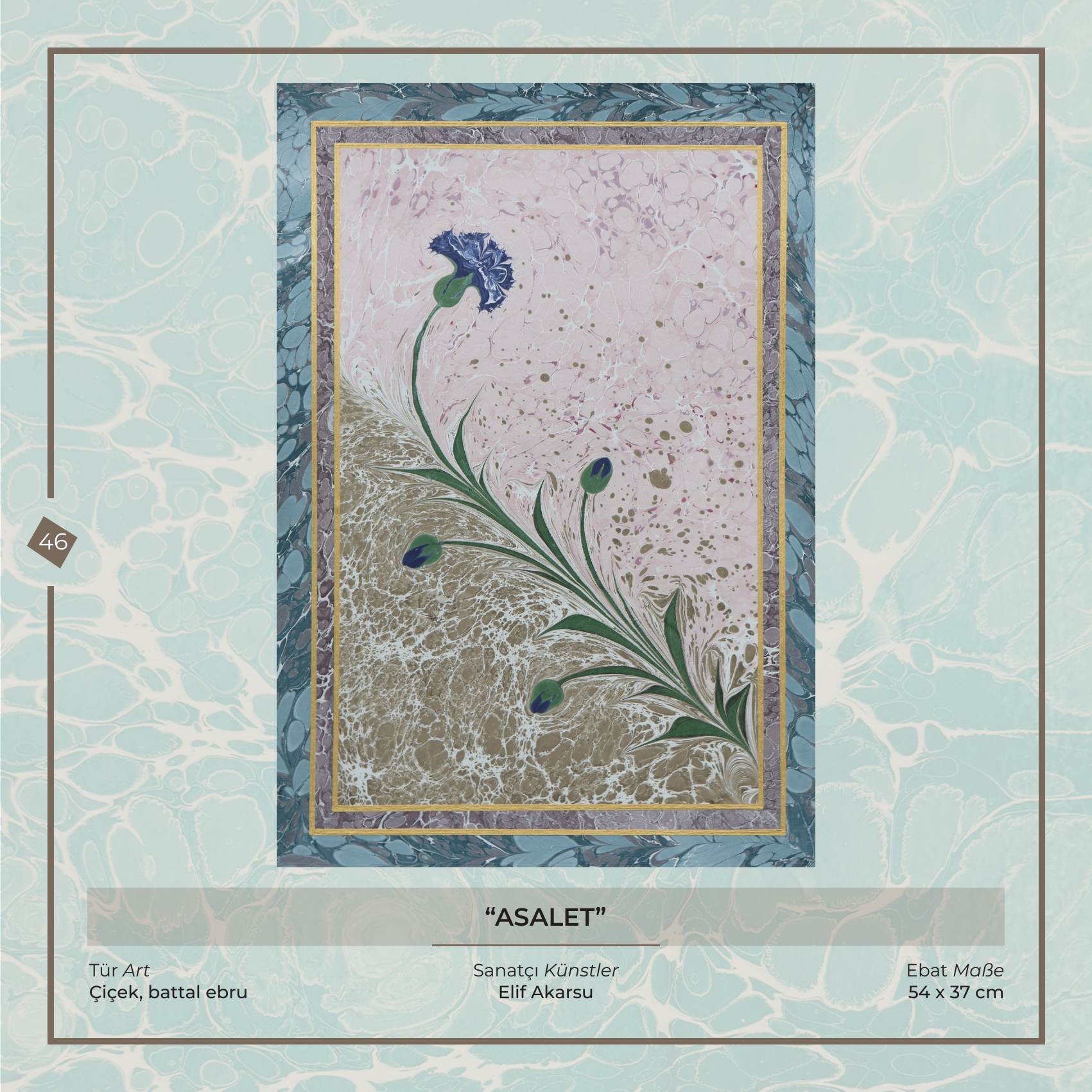 Die edle Eleganz - Elif Akarsu - Ebru Kunstwerk, Blumen- und Battal-Ebru, 54 × 37 cm